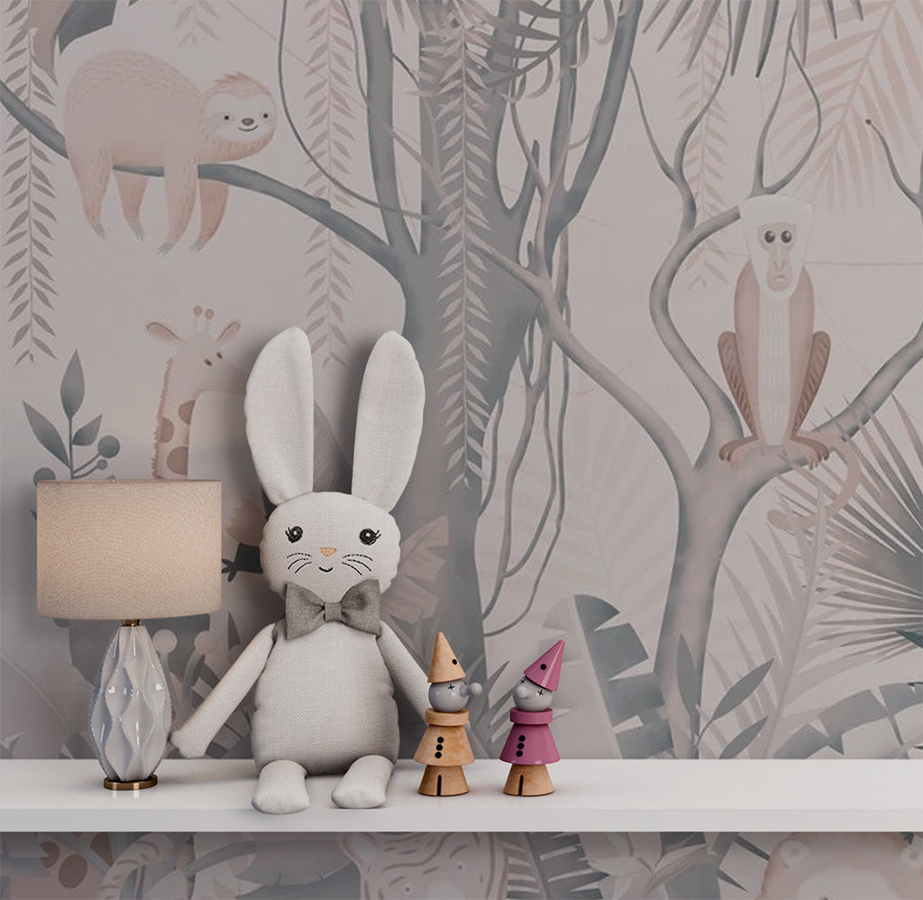 Soft Jungle Animals Wallpaper : Pastel Tropical Kids Mural - View 6