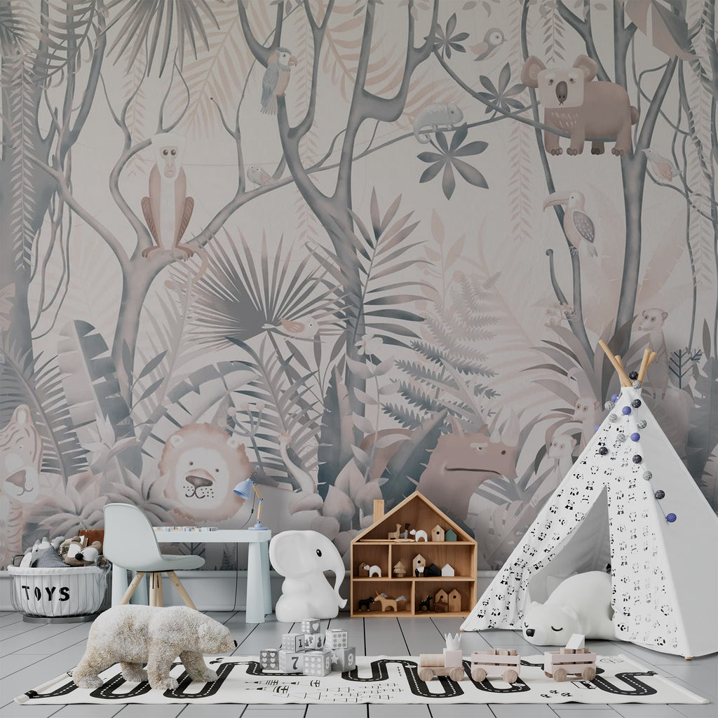Soft Jungle Animals Wallpaper : Pastel Tropical Kids Mural