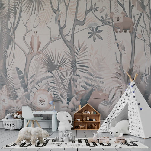 Soft Jungle Animals Wallpaper : Pastel Tropical Kids Mural