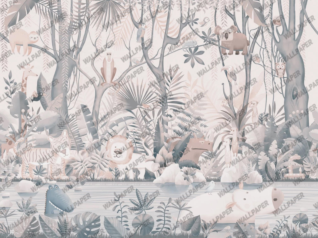 Soft Jungle Animals Wallpaper : Pastel Tropical Kids Mural - View 2