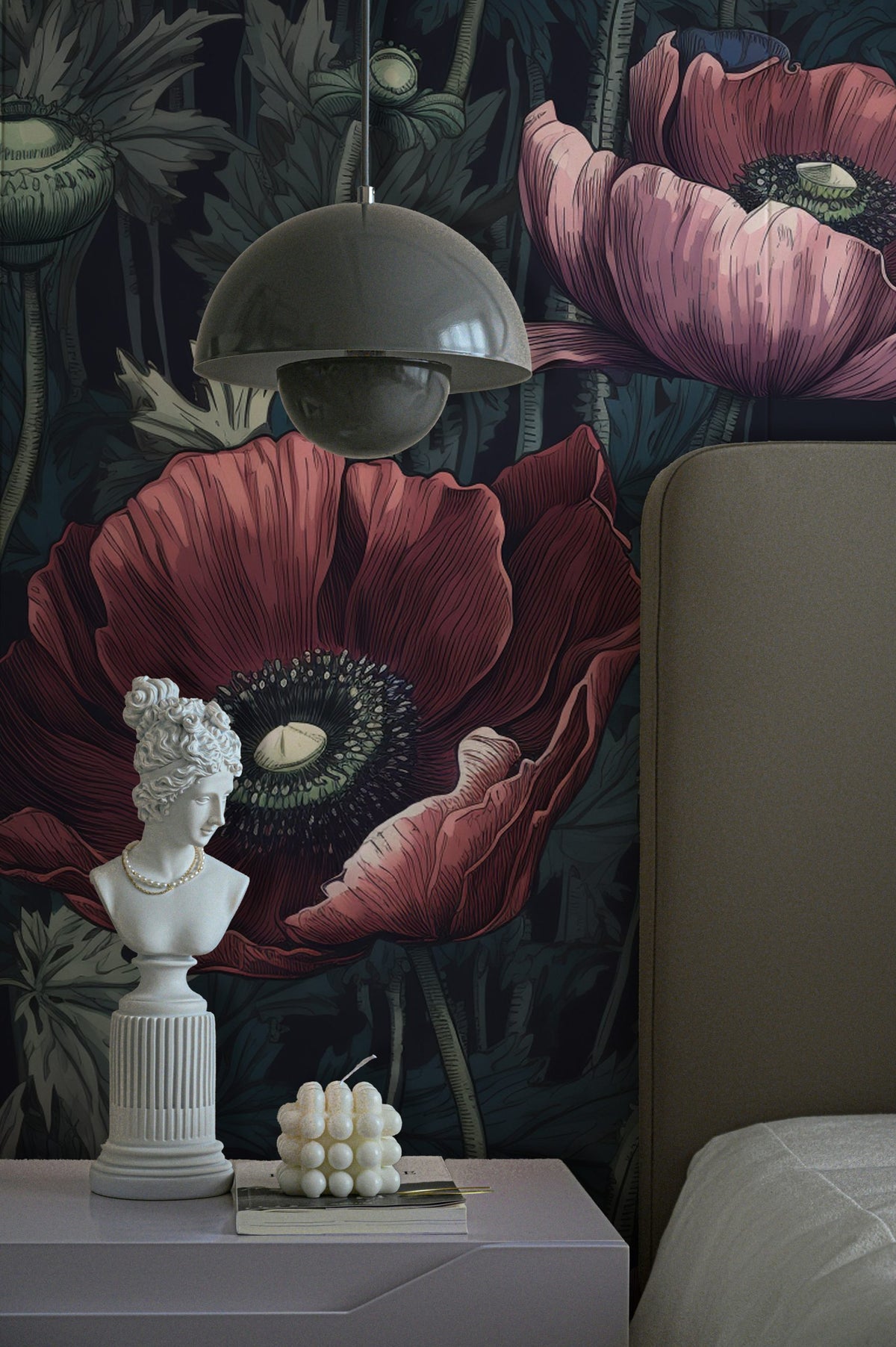 Dark Poppy Floral Wallpaper : Moody Red Blooms Pattern