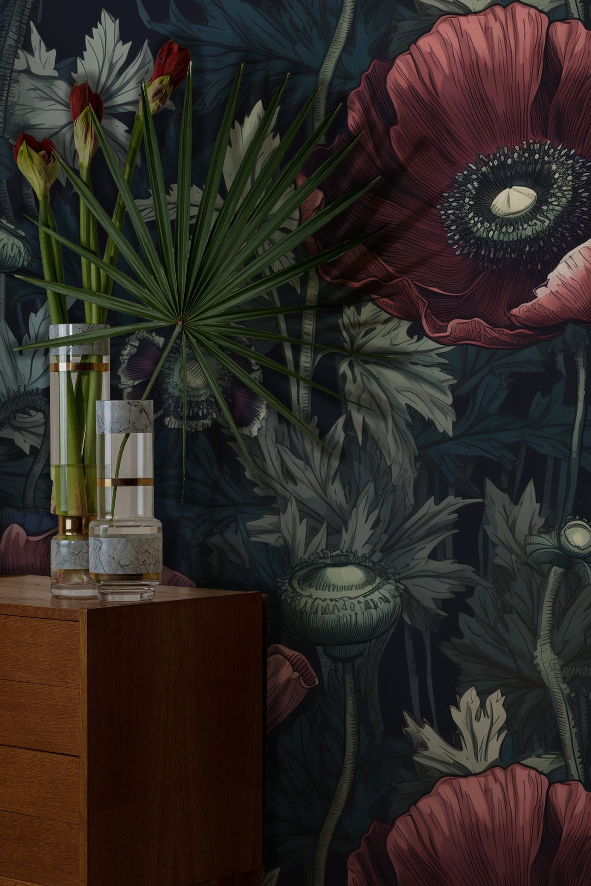 Dark Poppy Floral Wallpaper : Moody Red Blooms Pattern - View 2