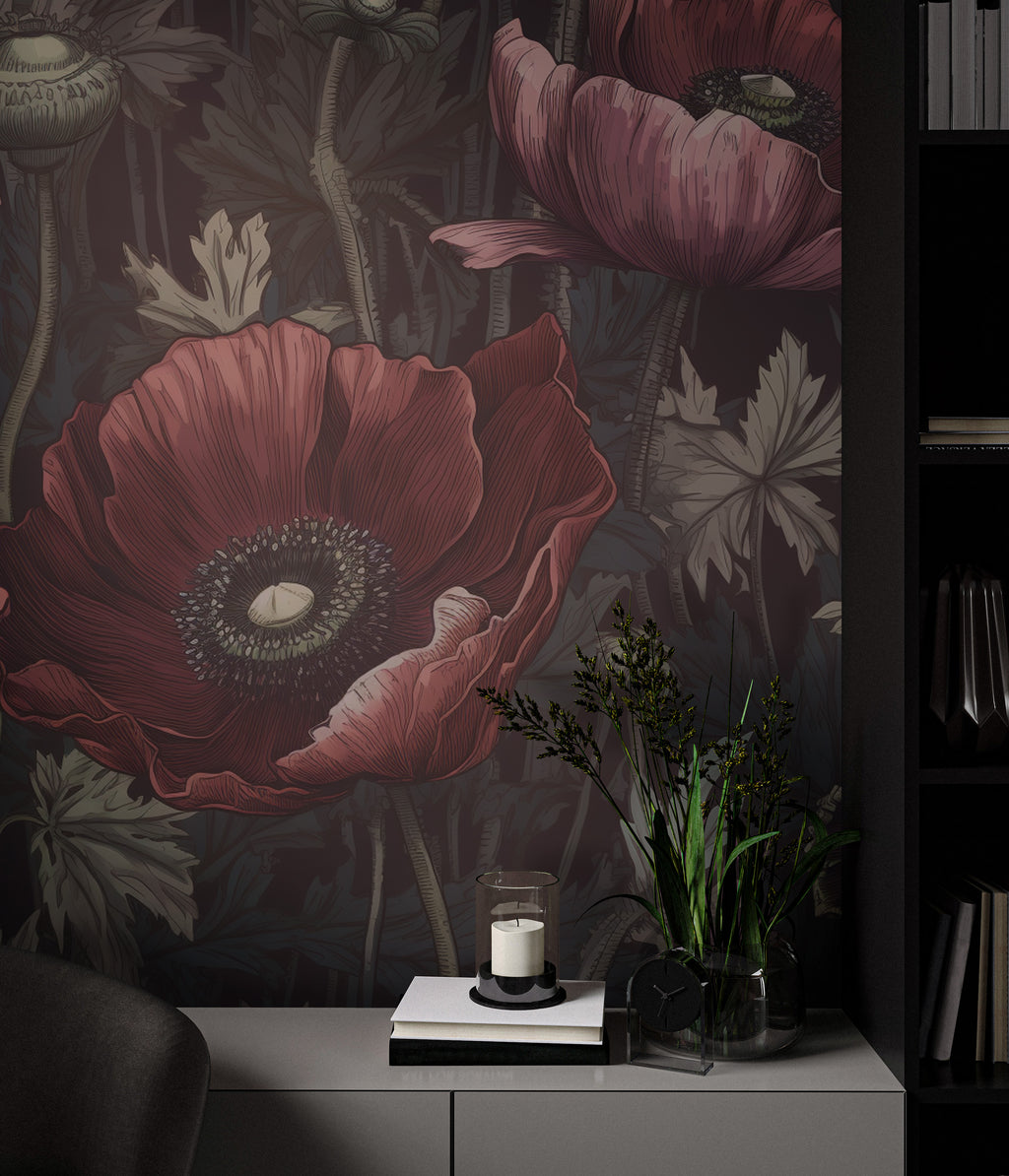Dark Poppy Floral Wallpaper : Moody Red Blooms Pattern - View 3