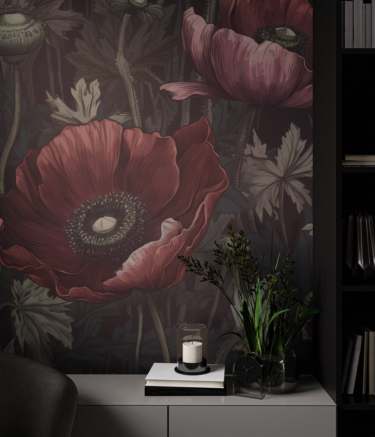 Dark Poppy Floral Wallpaper : Moody Red Blooms Pattern - View 3