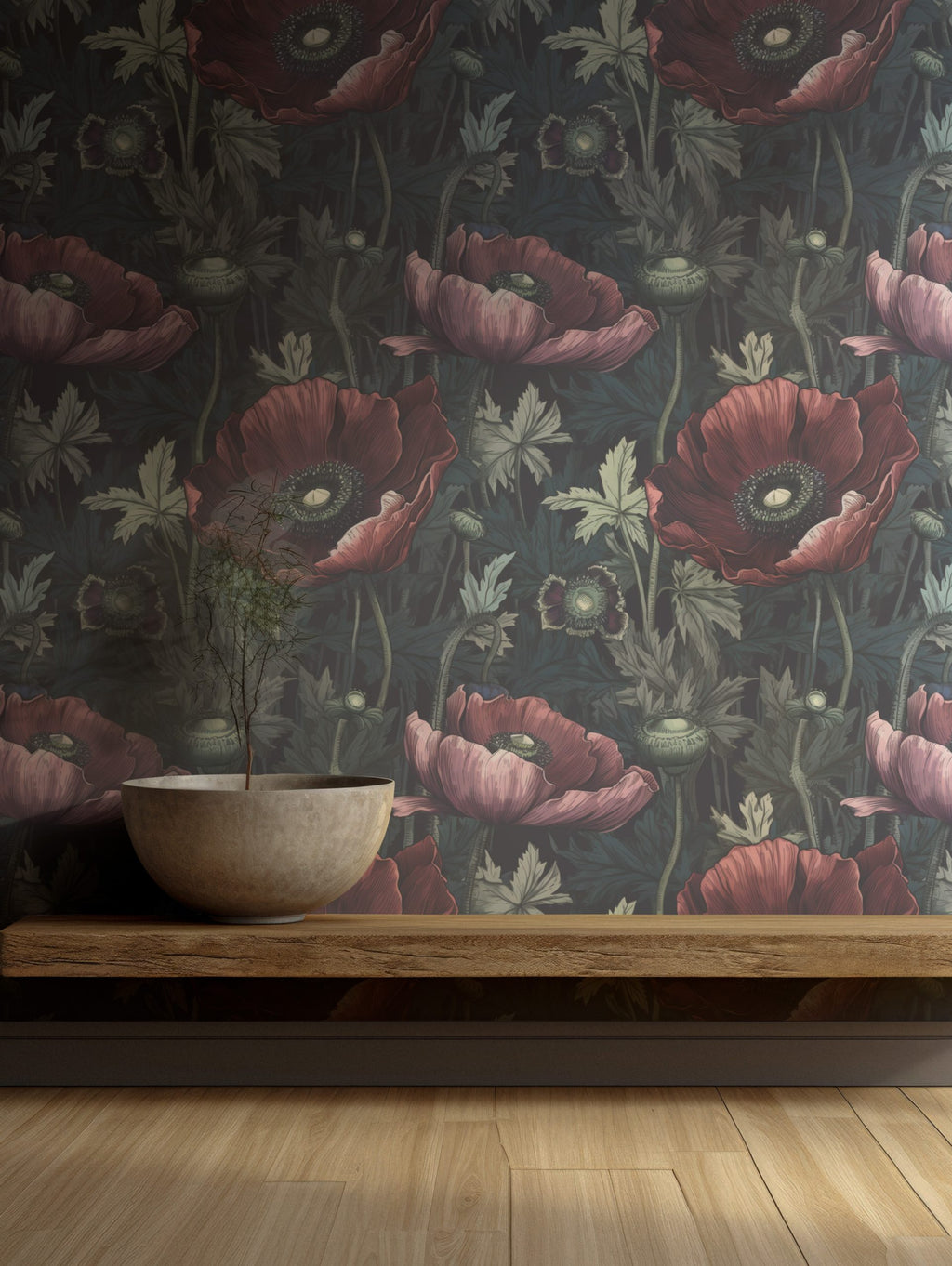 Dark Poppy Floral Wallpaper : Moody Red Blooms Pattern - View 4