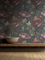 Dark Poppy Floral Wallpaper : Moody Red Blooms Pattern - View 4