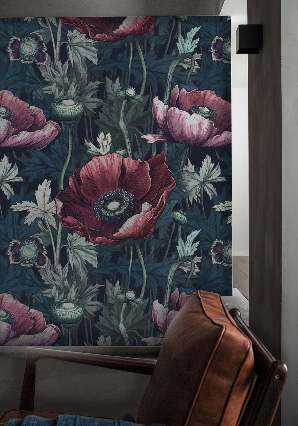 Dark Poppy Floral Wallpaper : Moody Red Blooms Pattern - View 5