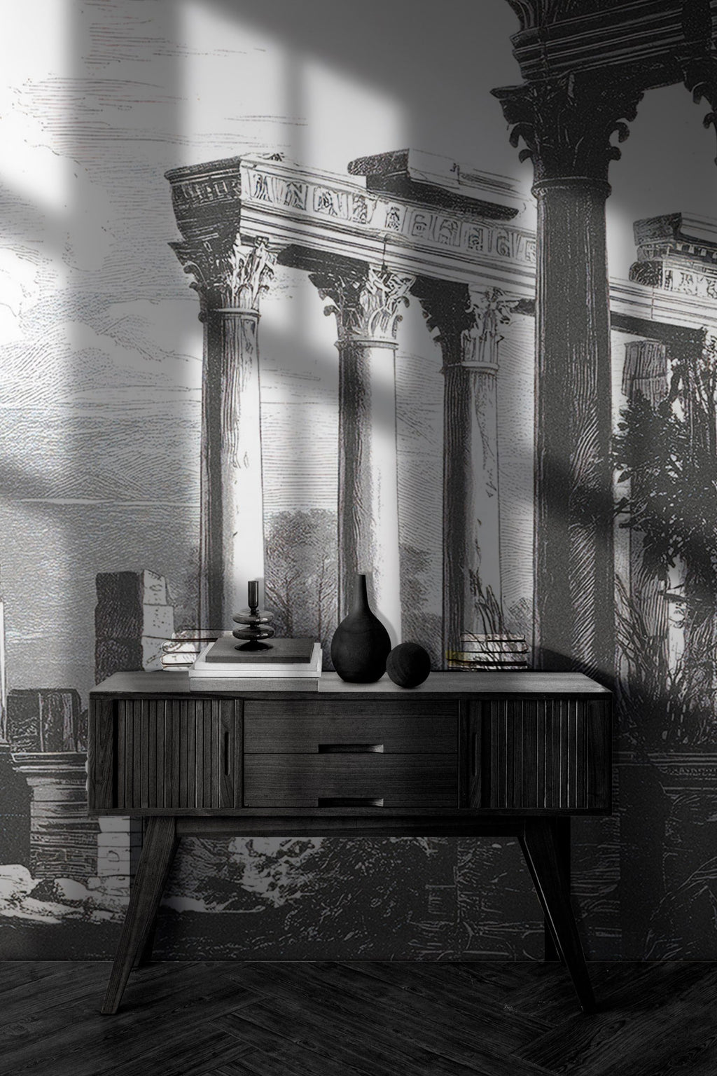 Roman Ruins Engraving Wallpaper : Black And White Columns Mural
