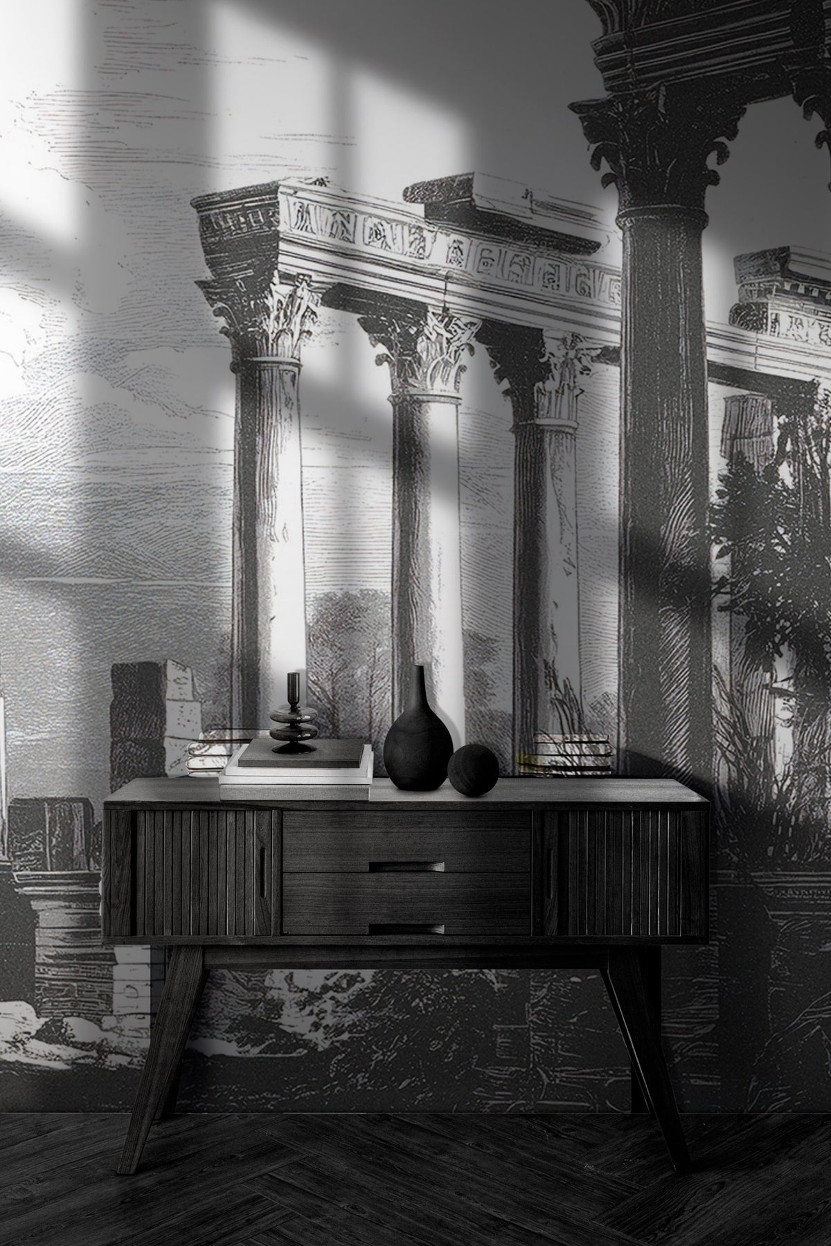 Roman Ruins Engraving Wallpaper : Black And White Columns Mural