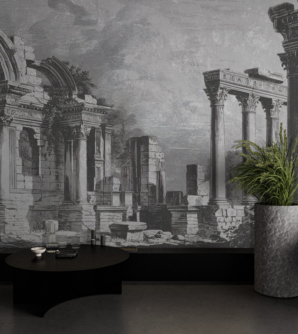 Roman Ruins Engraving Wallpaper : Black And White Columns Mural - View 4