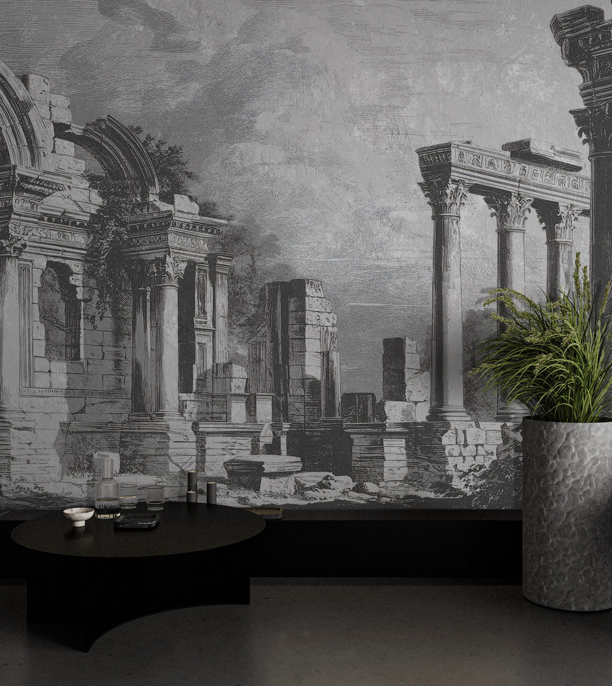 Roman Ruins Engraving Wallpaper : Black And White Columns Mural - View 4