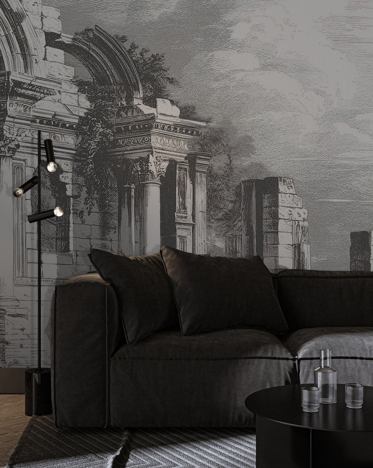 Roman Ruins Engraving Wallpaper : Black And White Columns Mural - View 5