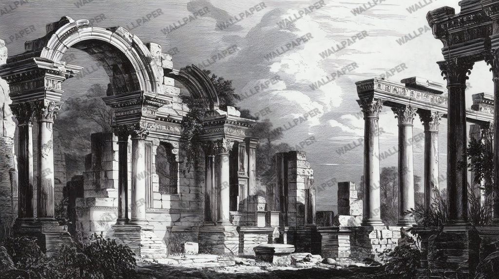 Roman Ruins Engraving Wallpaper : Black And White Columns Mural - flat design