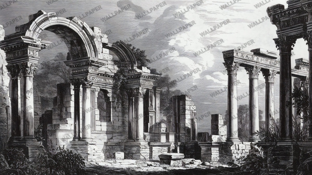 Roman Ruins Engraving Wallpaper : Black And White Columns Mural - flat design