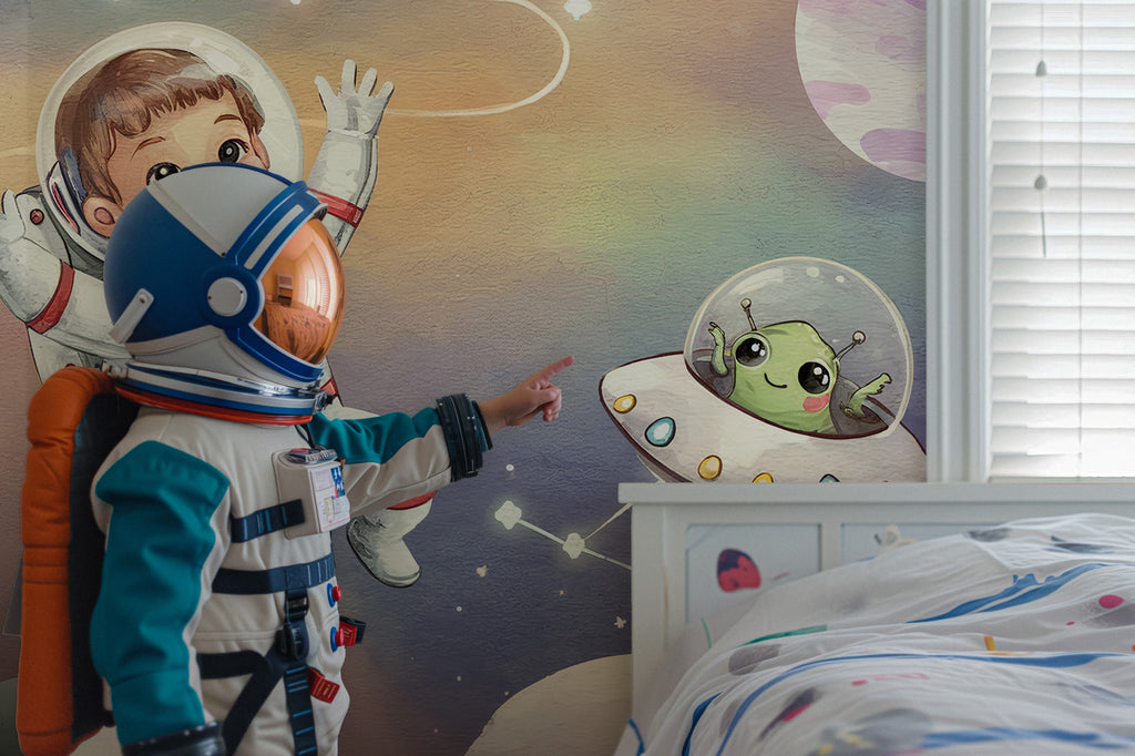 Little Astronaut Wallpaper : Rocket and UFO Kids Mural - View 3