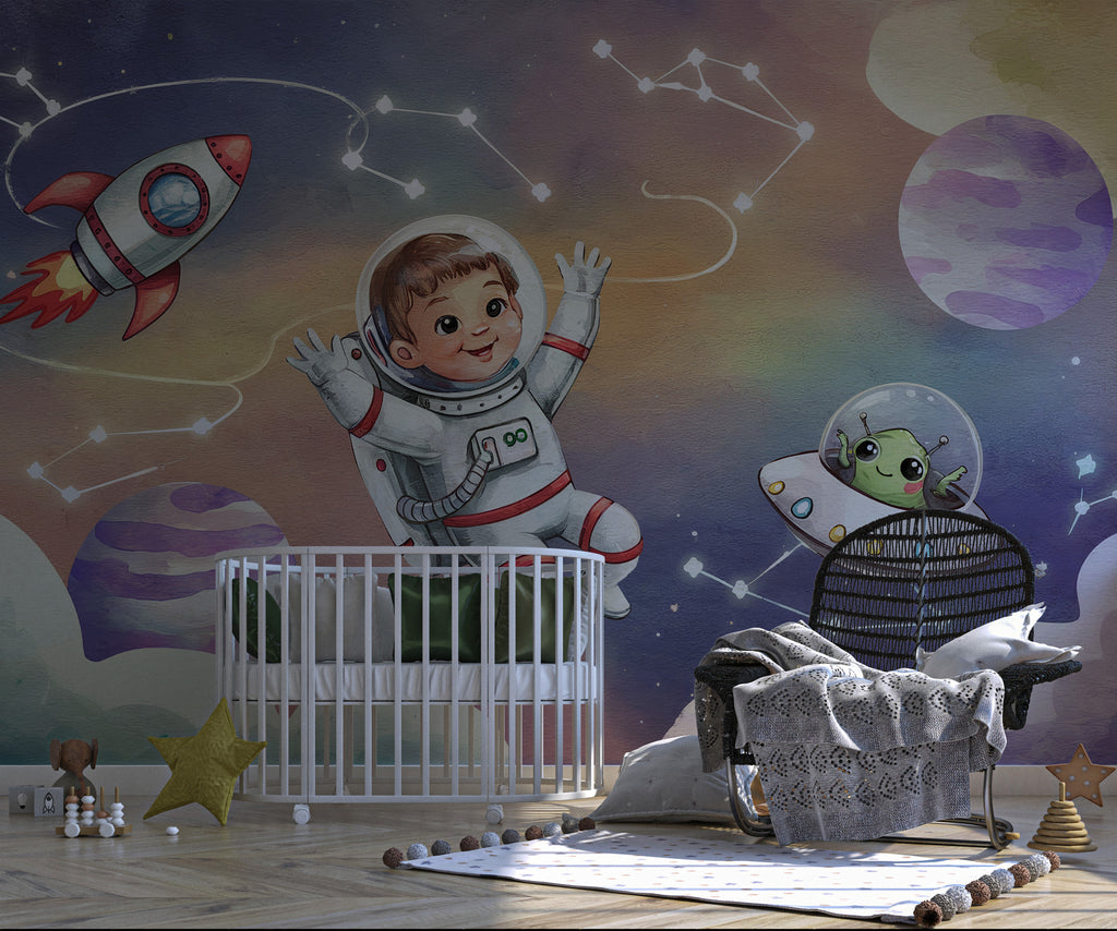 Little Astronaut Wallpaper : Rocket and UFO Kids Mural - View 6