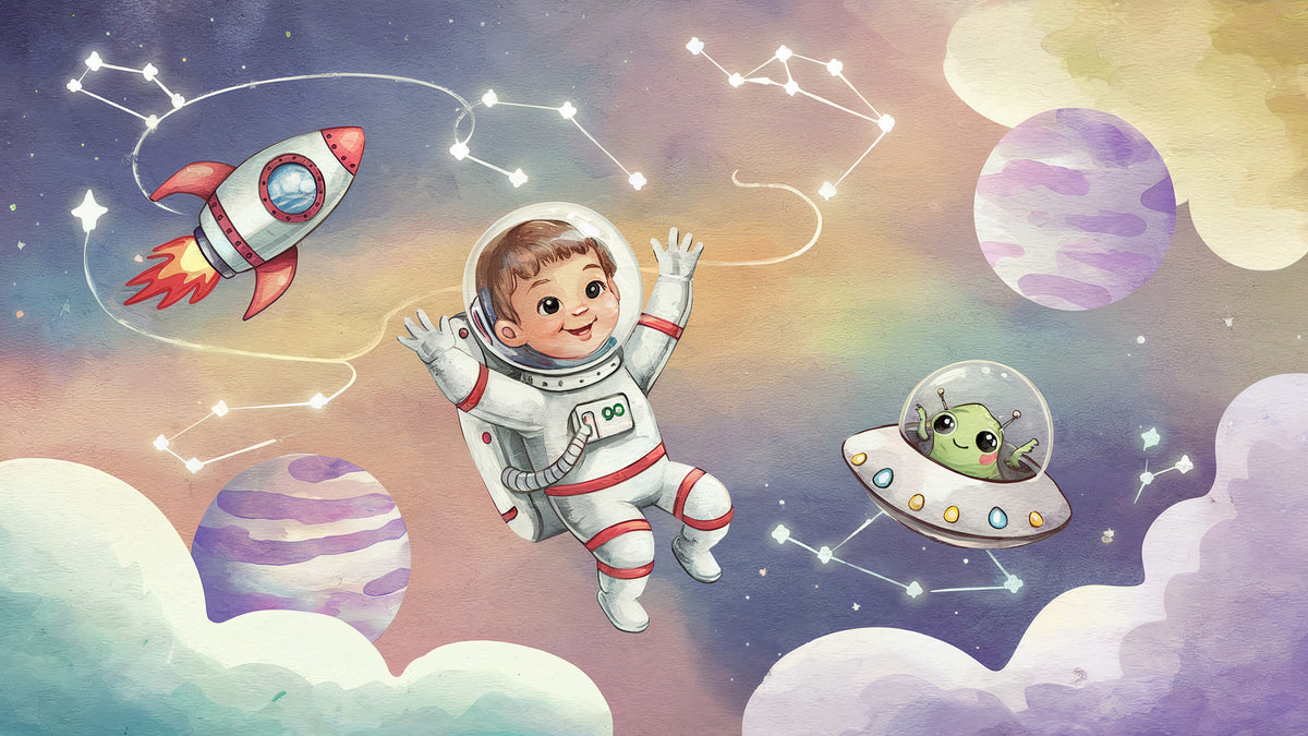 Little Astronaut Wallpaper : Rocket and UFO Kids Mural - View 2