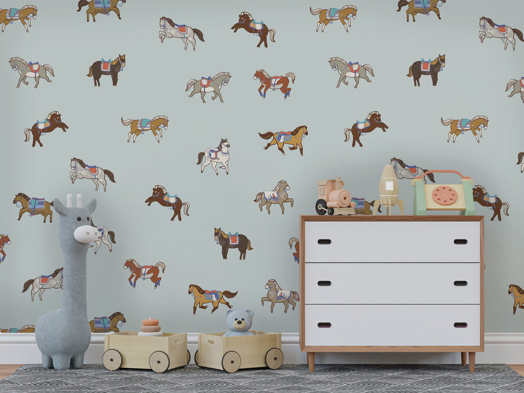 Little Horses Wallpaper : Colorful Ponies on Mint Pattern Mural