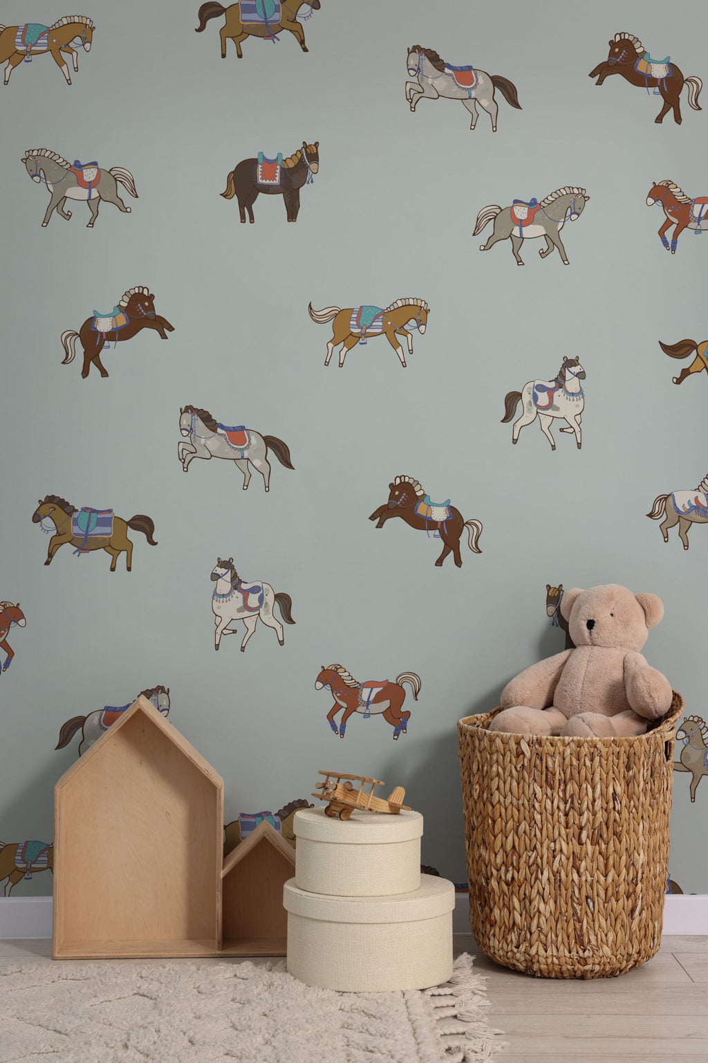 Little Horses Wallpaper : Colorful Ponies on Mint Pattern Mural - View 3