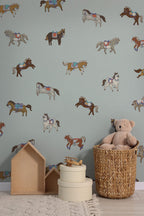 Little Horses Wallpaper : Colorful Ponies on Mint Pattern Mural - View 3