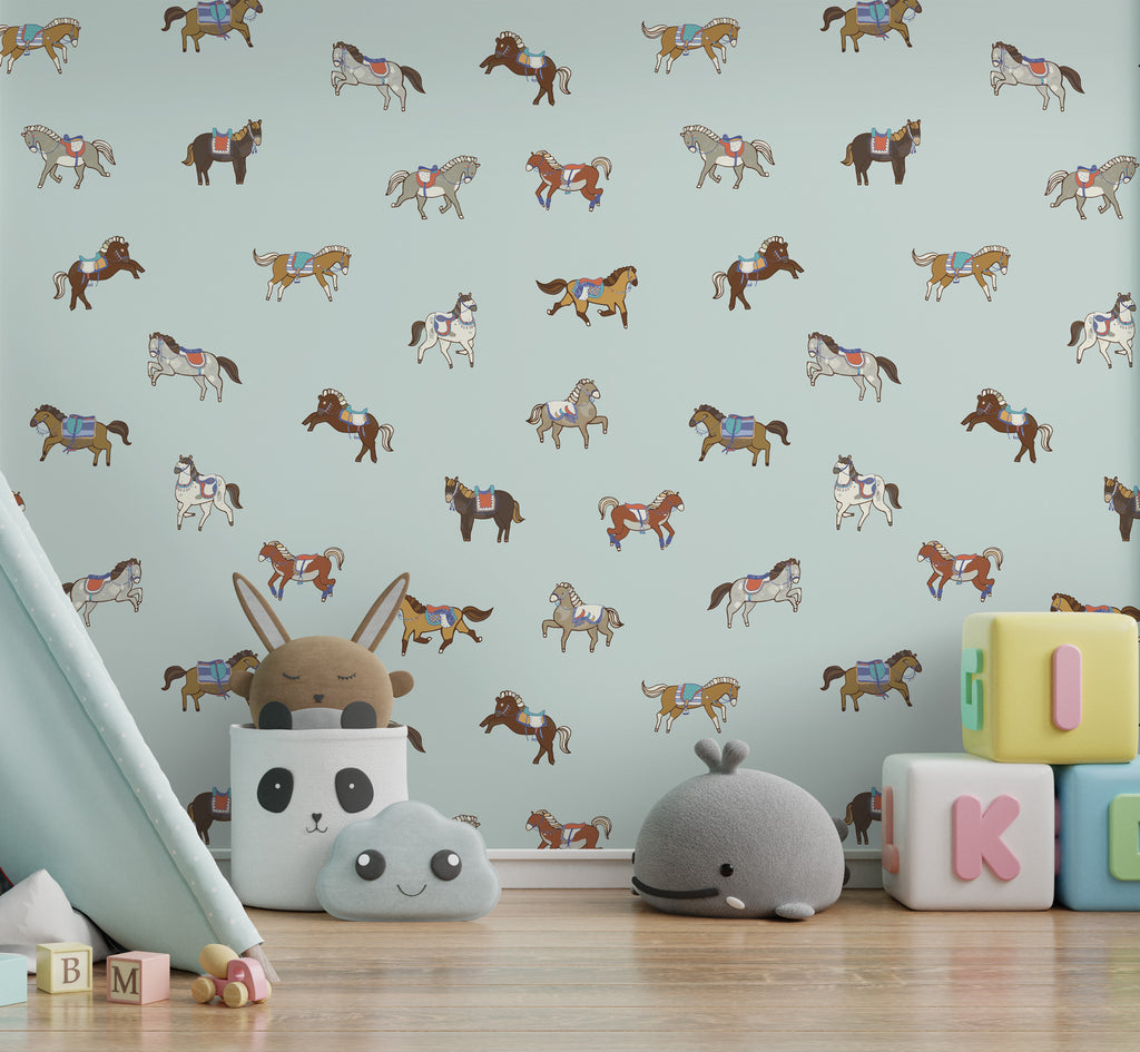Little Horses Wallpaper : Colorful Ponies on Mint Pattern Mural - View 4