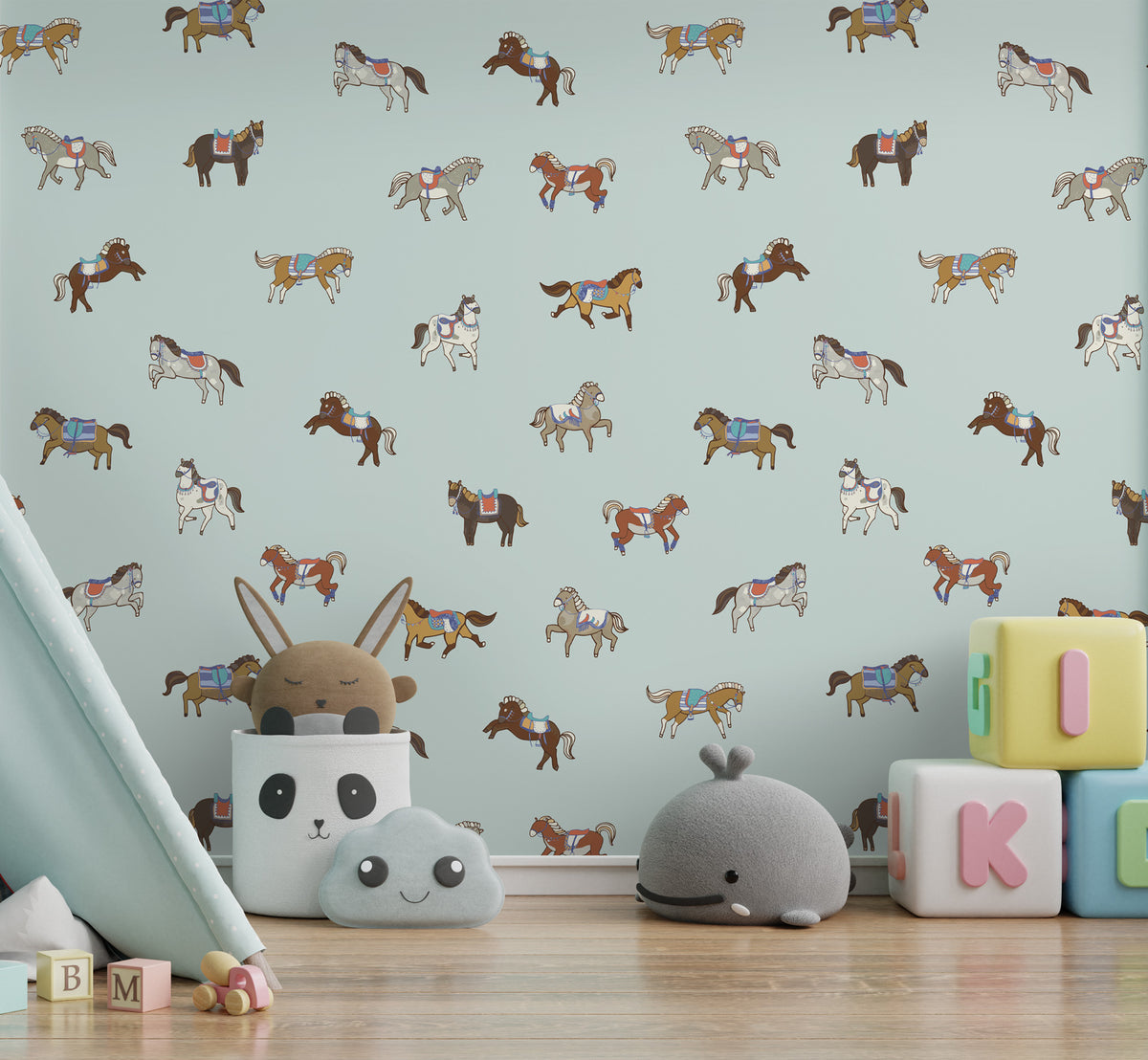 Little Horses Wallpaper : Colorful Ponies on Mint Pattern Mural - View 4
