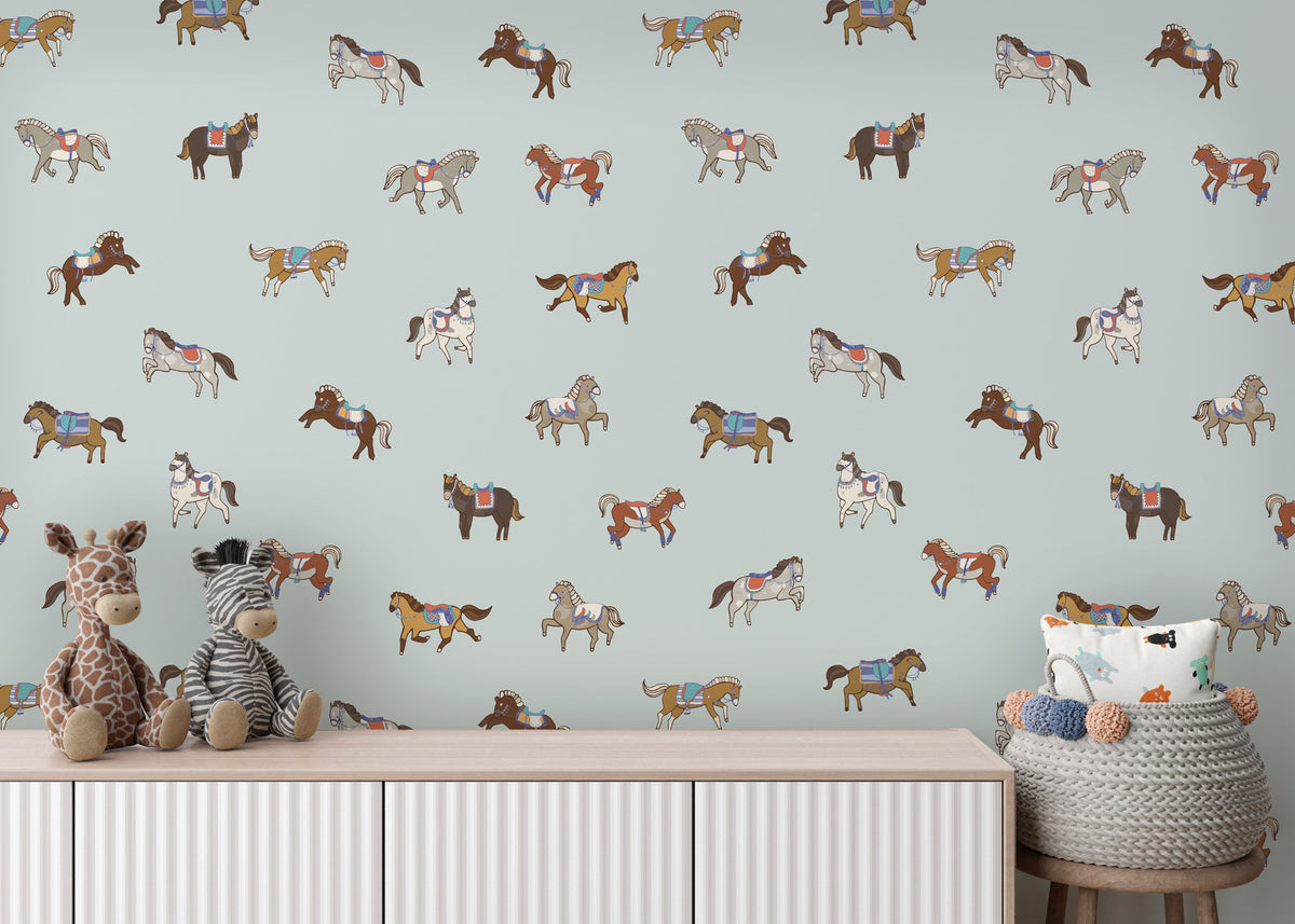 Little Horses Wallpaper : Colorful Ponies on Mint Pattern Mural - View 5