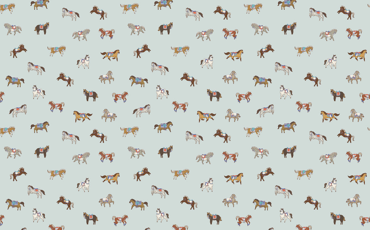 Little Horses Wallpaper : Colorful Ponies on Mint Pattern Mural - flat design