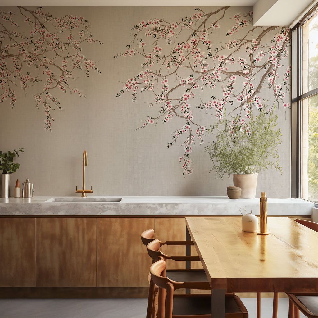 Linen Cherry Blossom Wallpaper : Spring Branches Mural - View 4