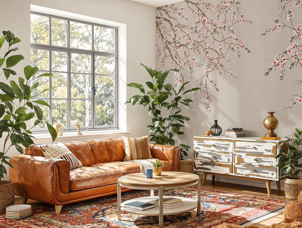 Linen Cherry Blossom Wallpaper : Spring Branches Mural - View 5