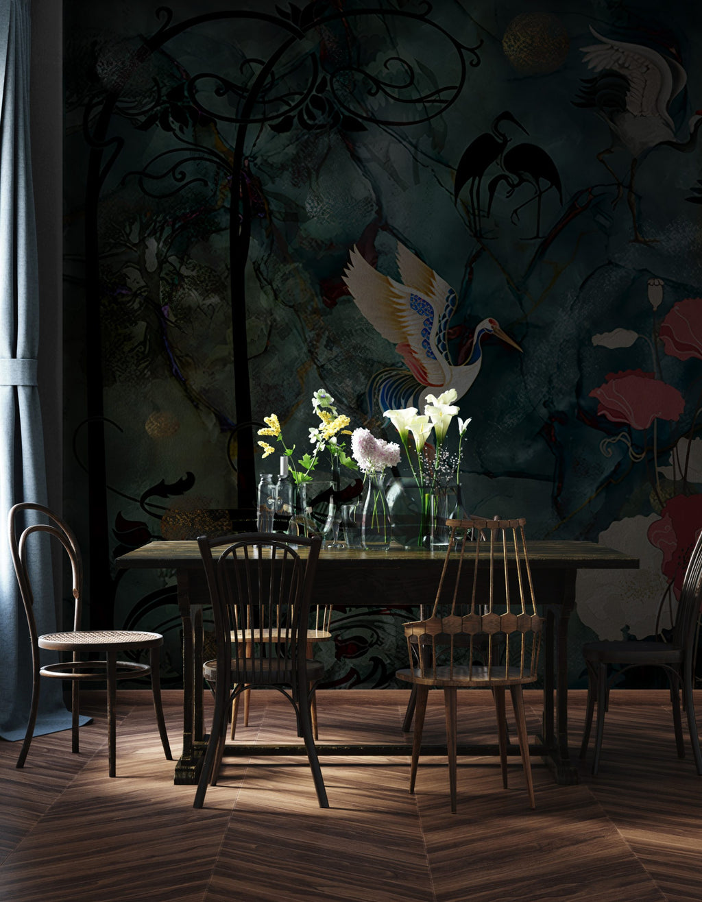 Art Nouveau Crane Wallpaper : Teal and Coral Poppy Mural - View 2