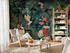 Art Nouveau Crane Wallpaper : Teal and Coral Poppy Mural - View 3