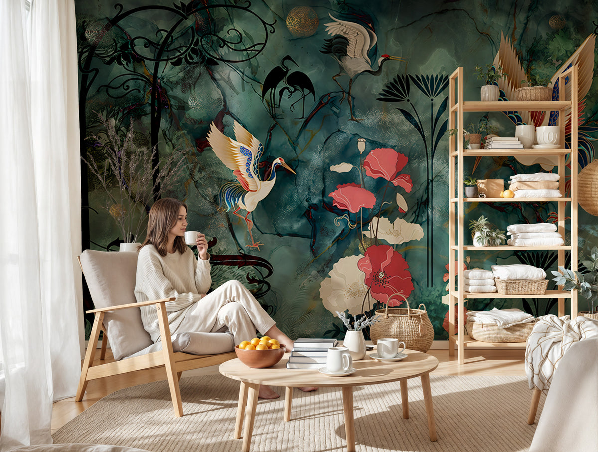 Art Nouveau Crane Wallpaper : Teal and Coral Poppy Mural - View 3