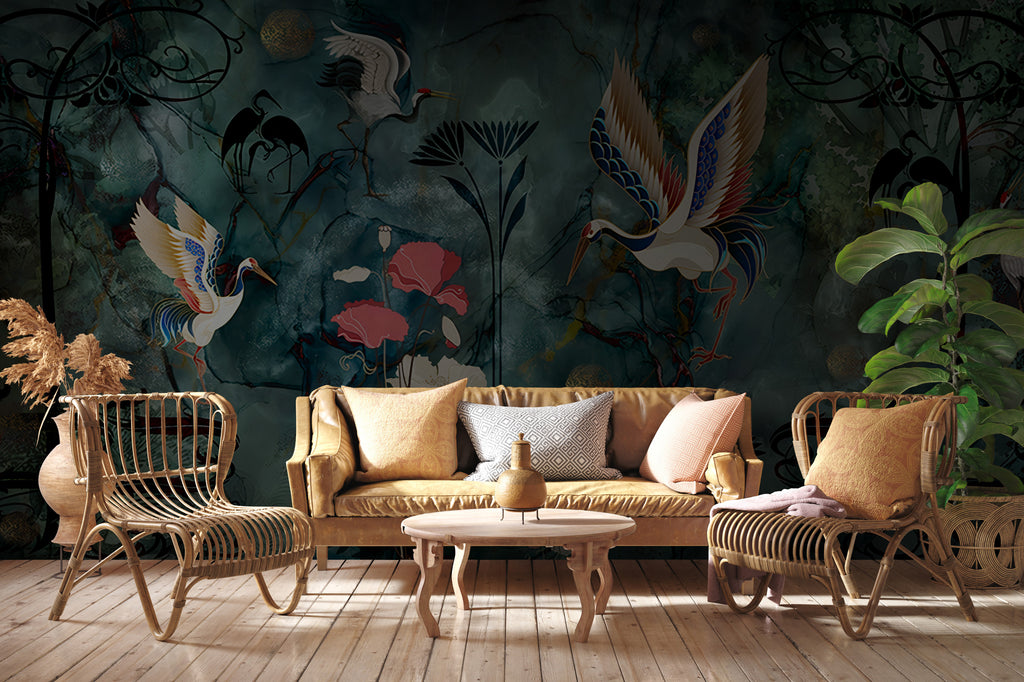 Art Nouveau Crane Wallpaper : Teal and Coral Poppy Mural - View 4