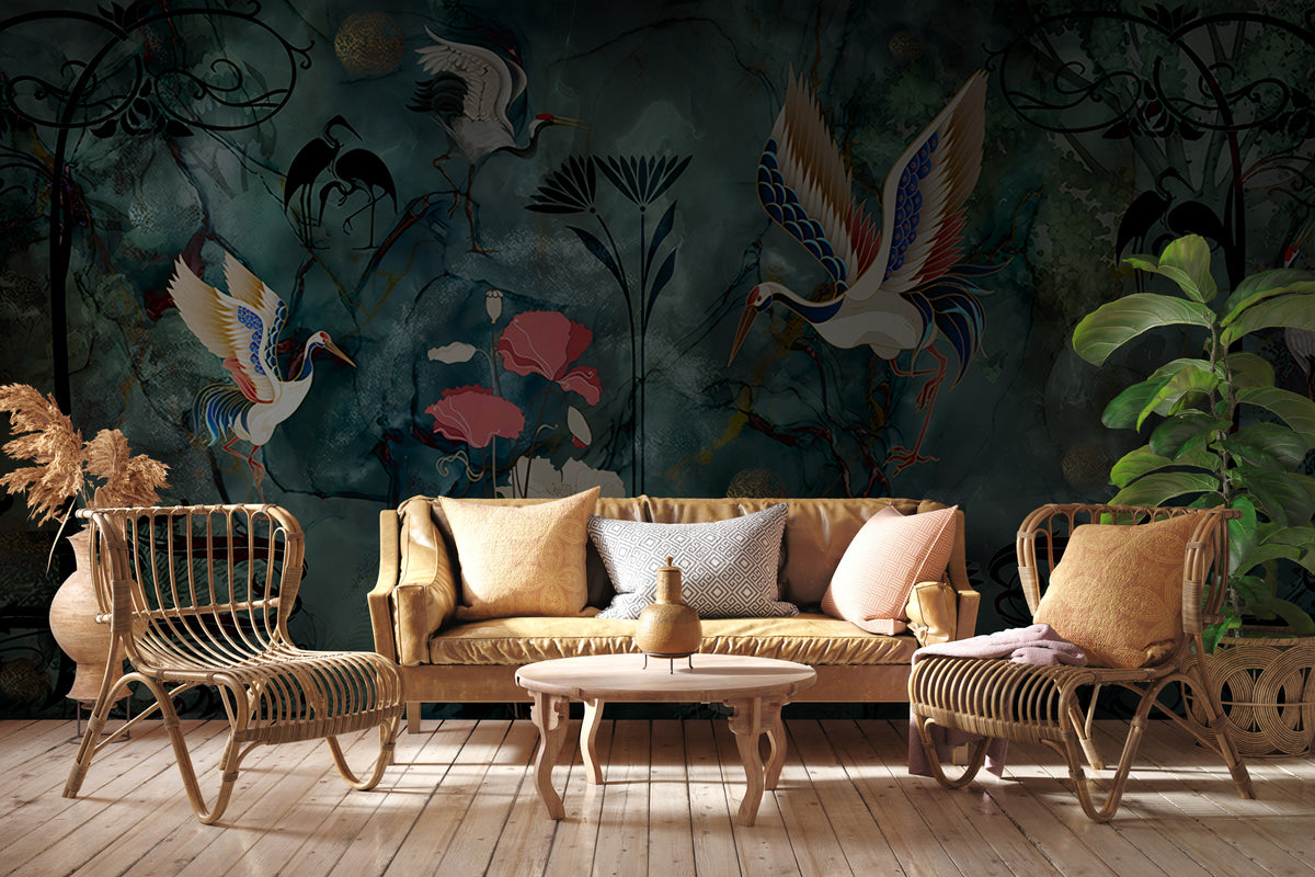 Art Nouveau Crane Wallpaper : Teal and Coral Poppy Mural - View 4