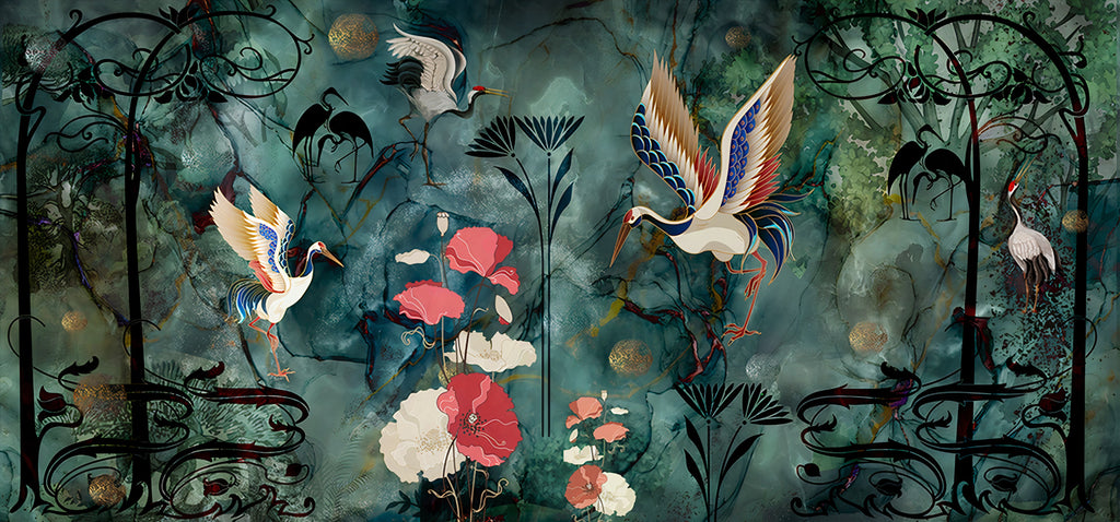Art Nouveau Crane Wallpaper : Teal and Coral Poppy Mural - flat design