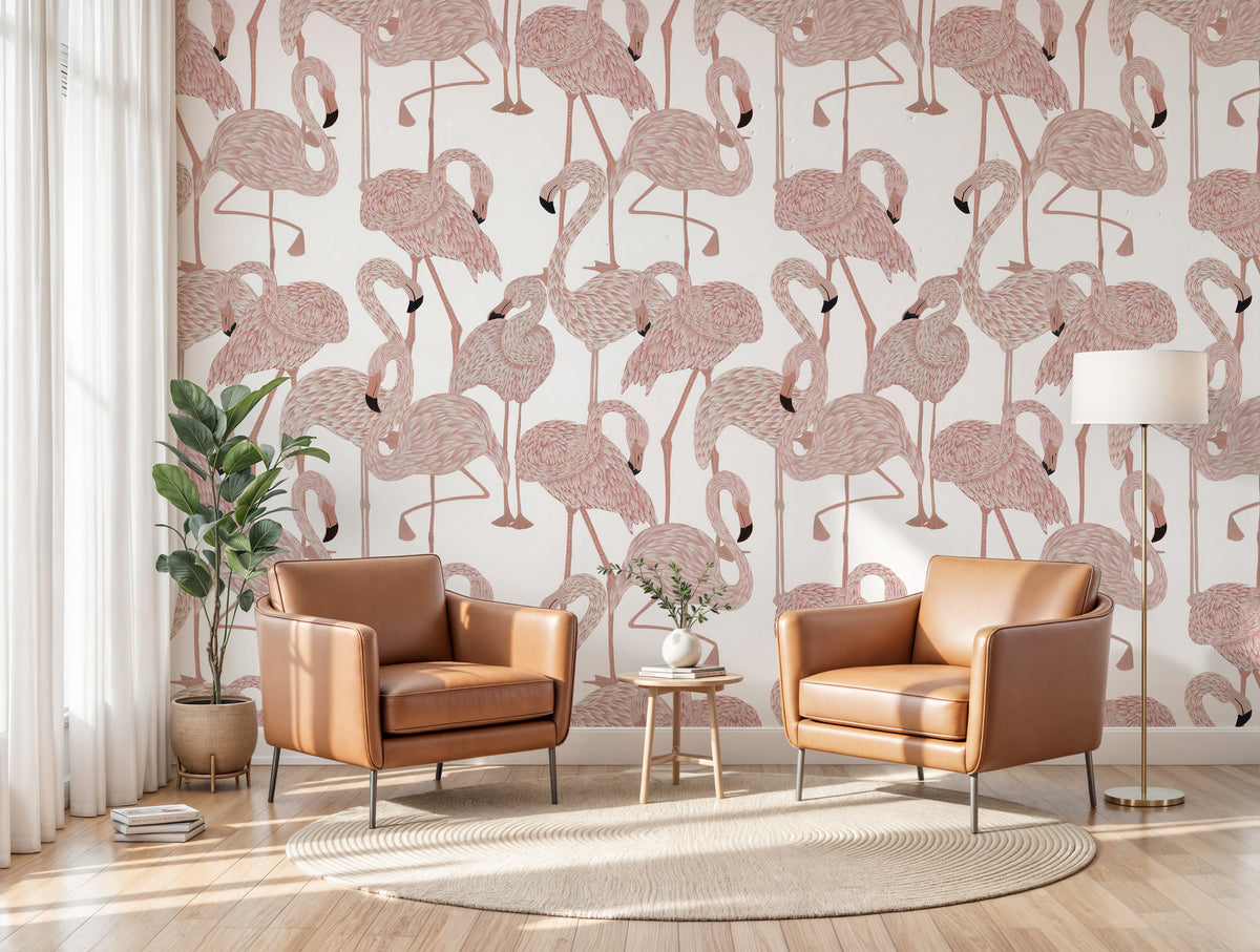 Pink Flamingo Wallpaper : Feathered Flamingo Pattern Mural - View 3