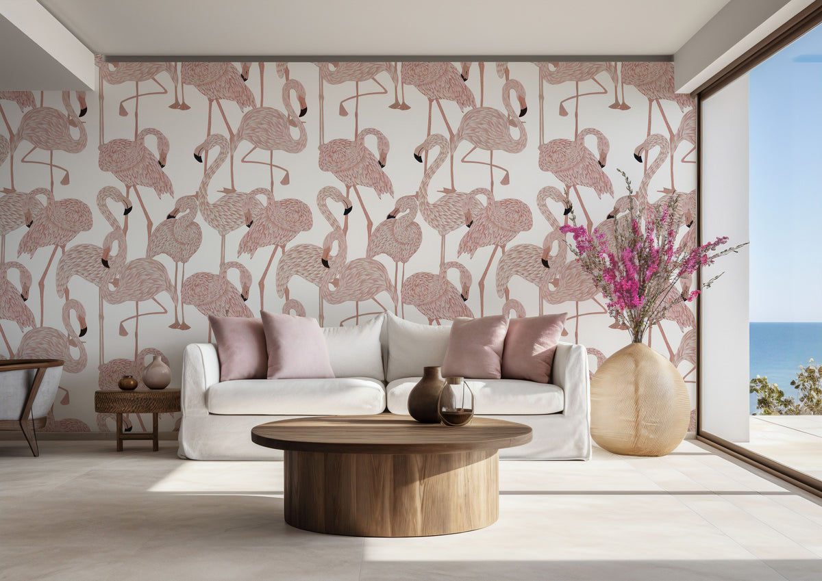 Pink Flamingo Wallpaper : Feathered Flamingo Pattern Mural