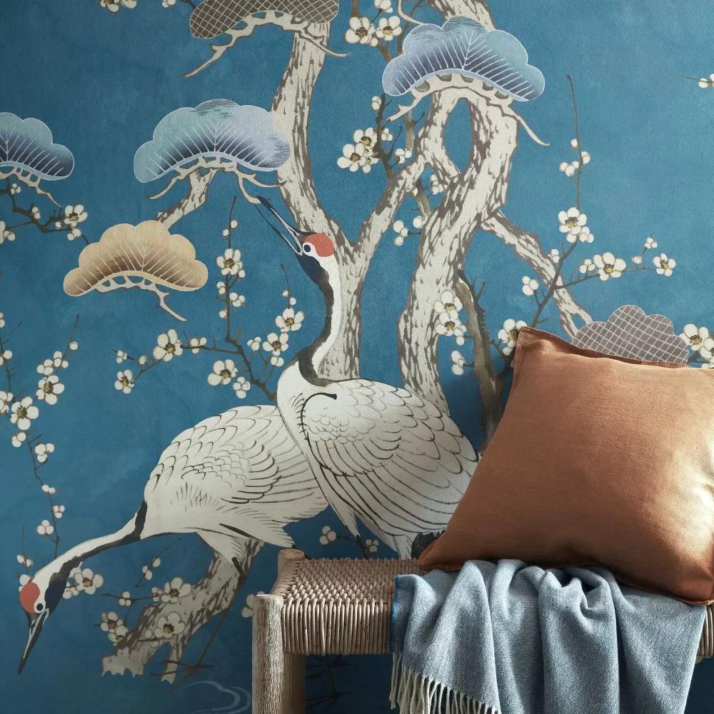 Blue Crane Chinoiserie Wallpaper : Cranes and Blossom Branches Mural