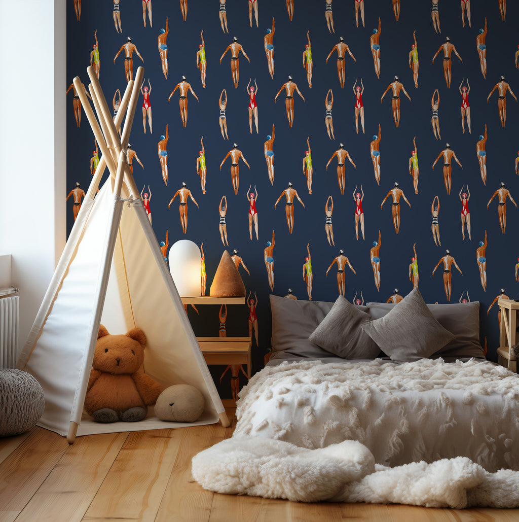 Retro Swimmers Wallpaper : Navy Vintage Bathers Pattern - View 3