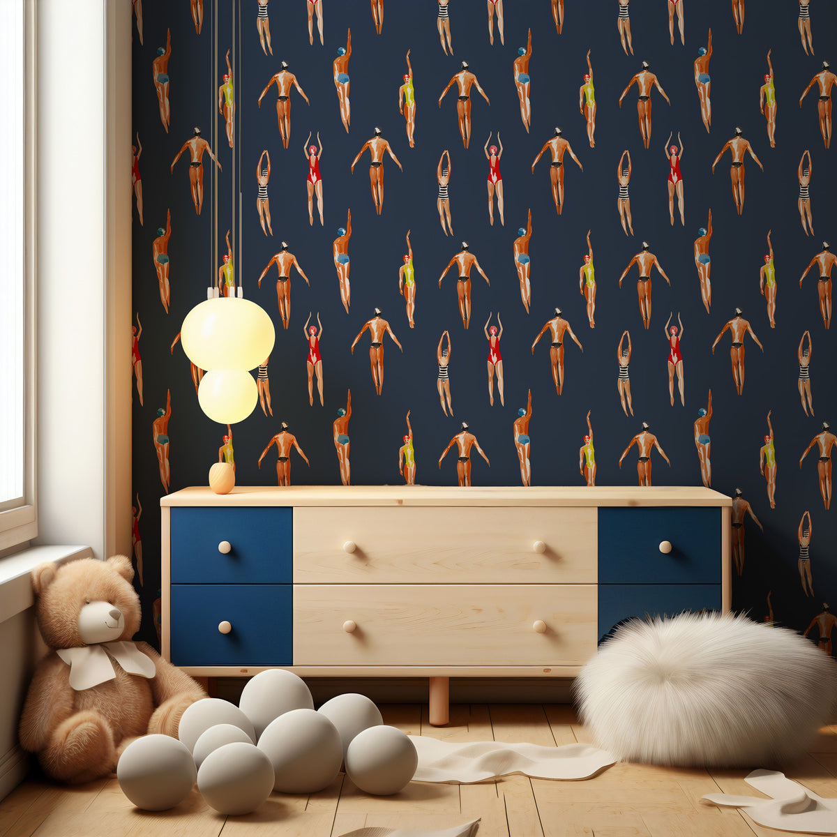Retro Swimmers Wallpaper : Navy Vintage Bathers Pattern - View 4