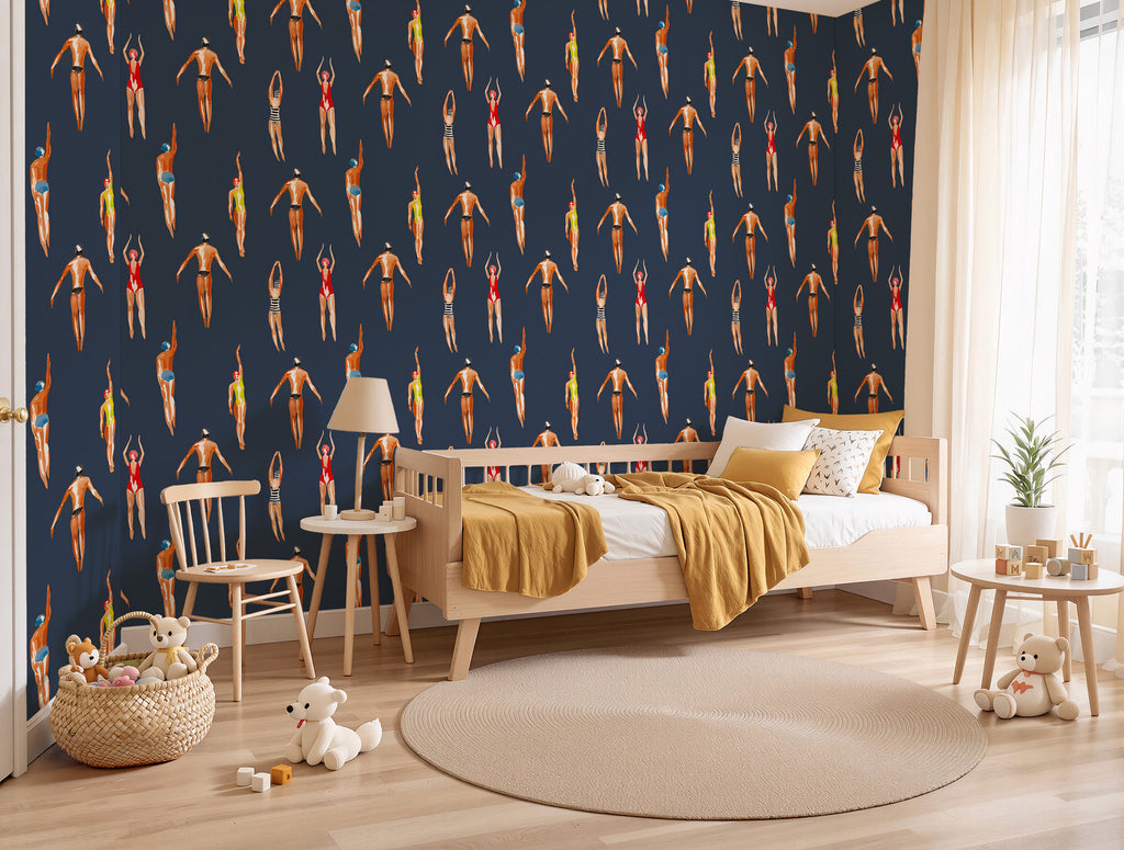 Retro Swimmers Wallpaper : Navy Vintage Bathers Pattern - View 5