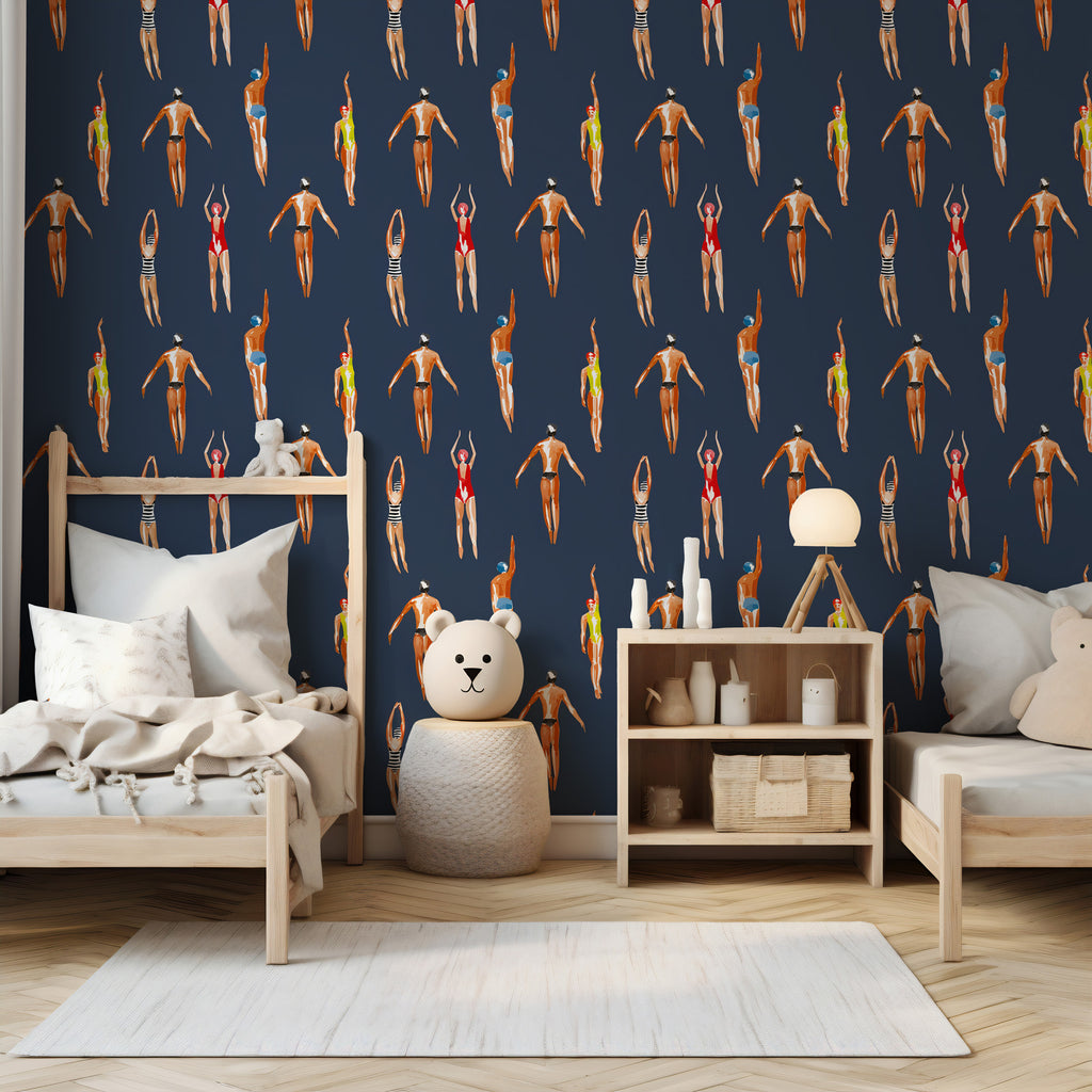 Retro Swimmers Wallpaper : Navy Vintage Bathers Pattern