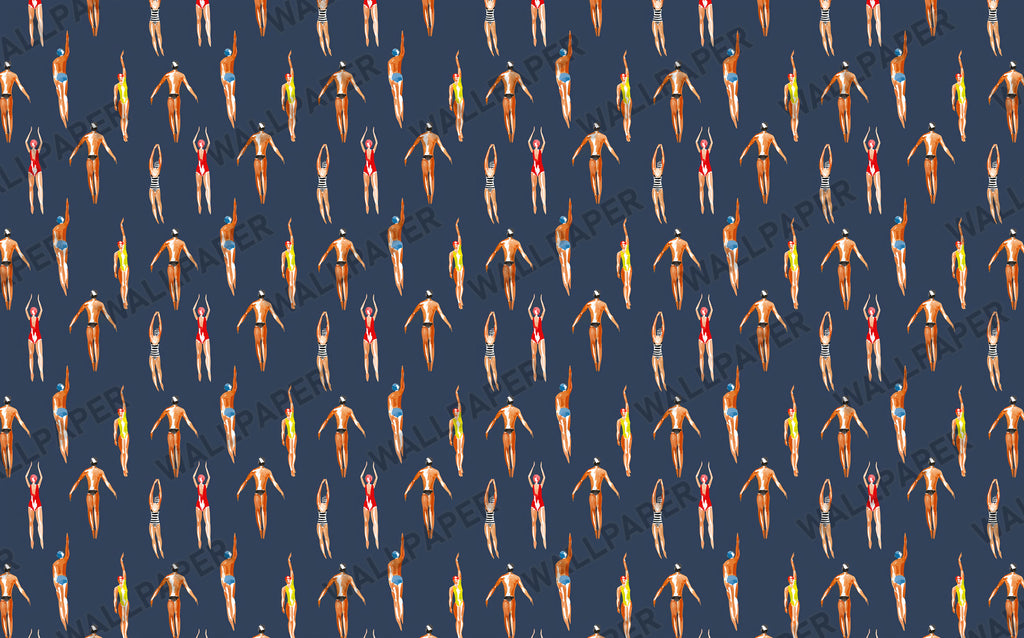 Retro Swimmers Wallpaper : Navy Vintage Bathers Pattern - View 2