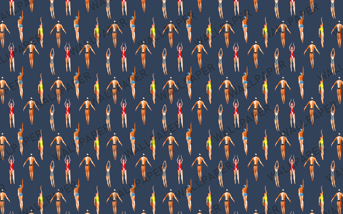 Retro Swimmers Wallpaper : Navy Vintage Bathers Pattern - View 2