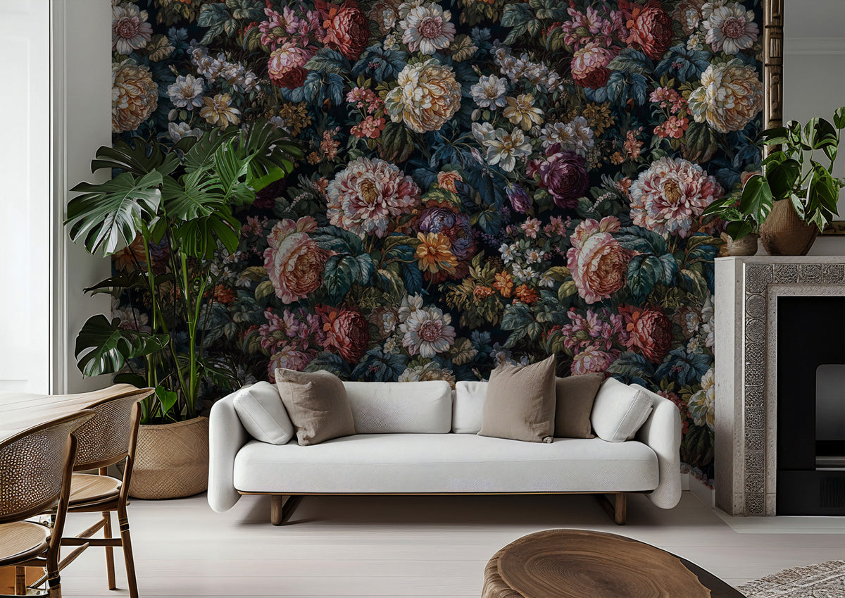 Renaissance Floral Wallpaper : Rich Flowers on Dark Pattern Mural - View 3