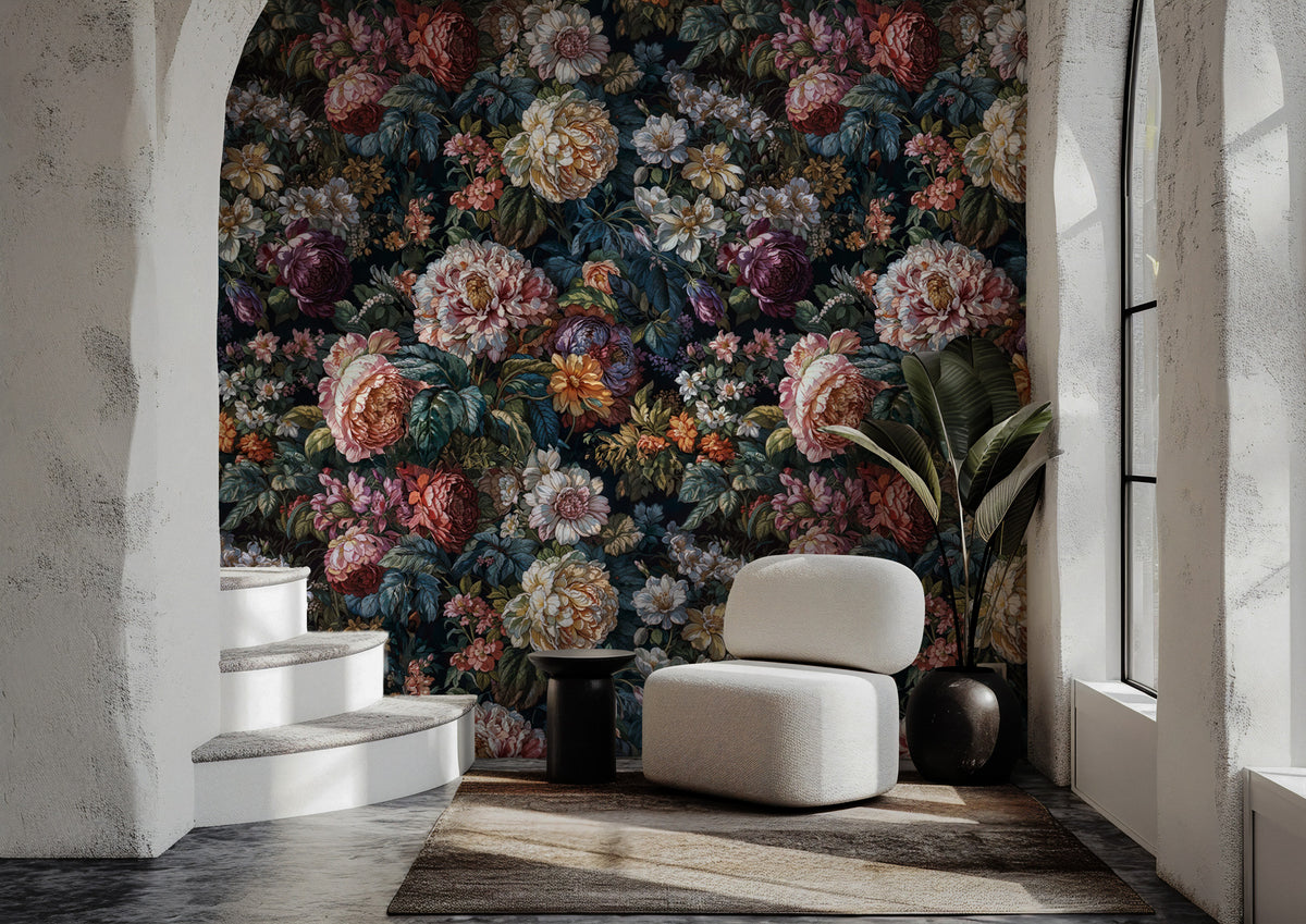 Renaissance Floral Wallpaper : Rich Flowers on Dark Pattern Mural - View 2
