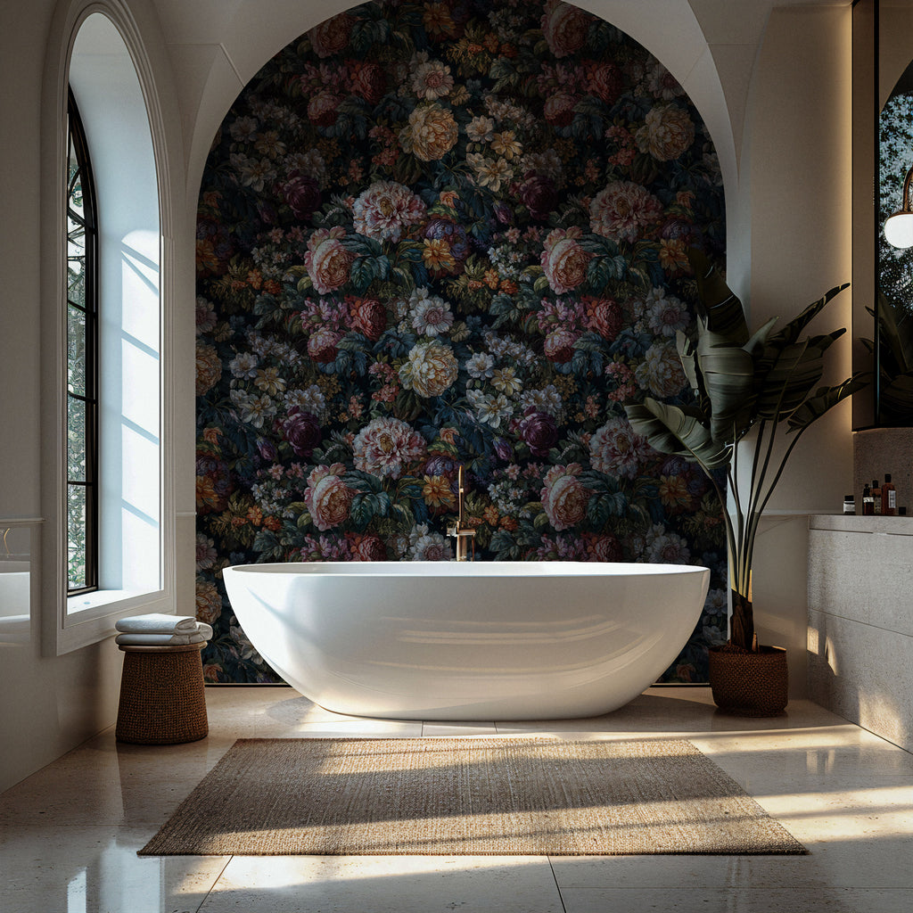 Renaissance Floral Wallpaper : Rich Flowers on Dark Pattern Mural - View 4