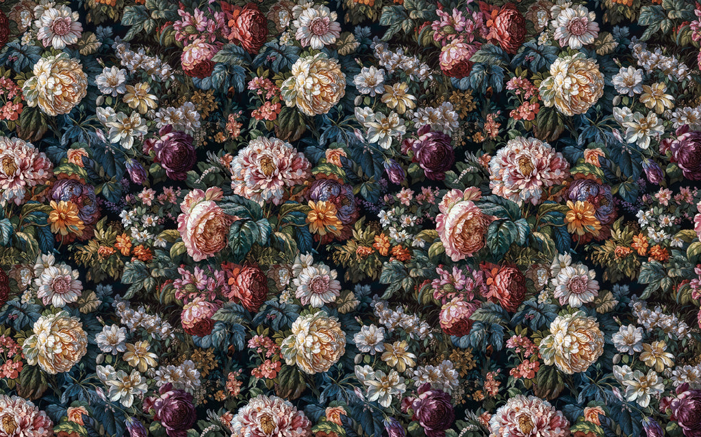 Renaissance Floral Wallpaper : Rich Flowers on Dark Pattern Mural - flat design