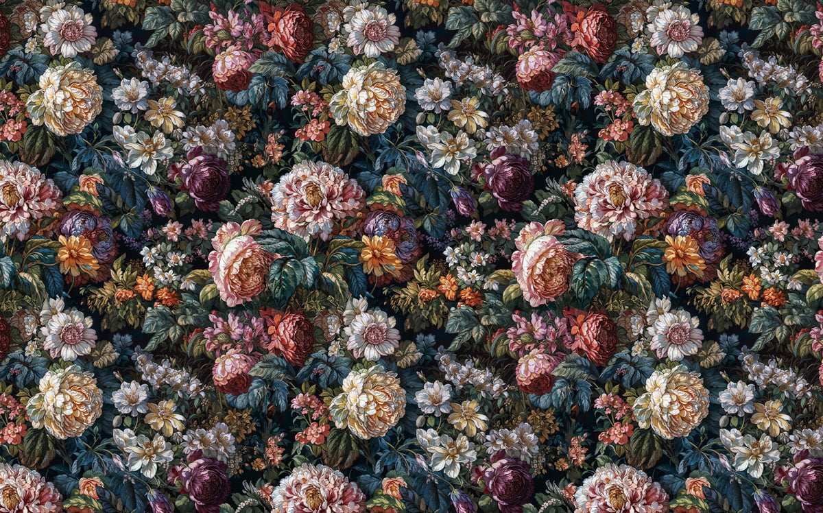 Renaissance Floral Wallpaper : Rich Flowers on Dark Pattern Mural - flat design